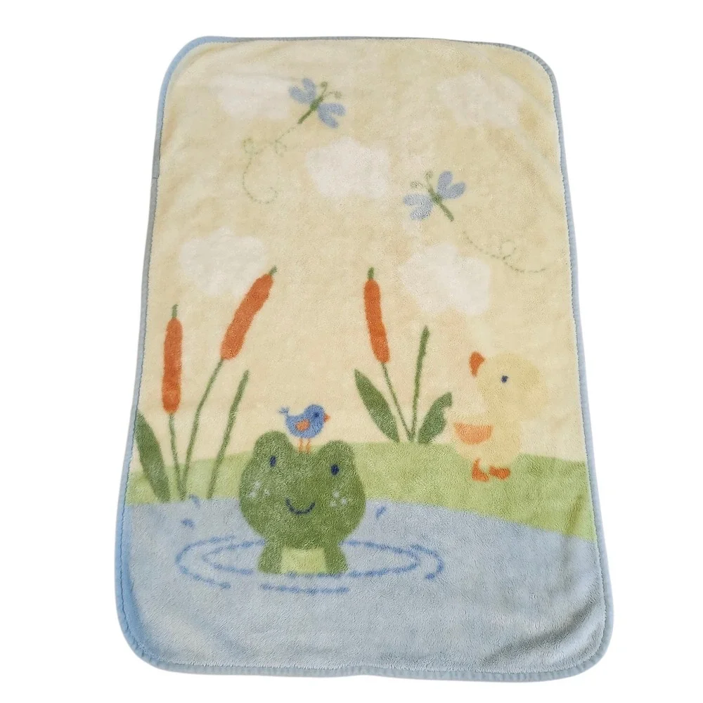 Vintage Carter's Baby Blanket Frog Pond Duck Bird Blue‎ Green Plush Blanket